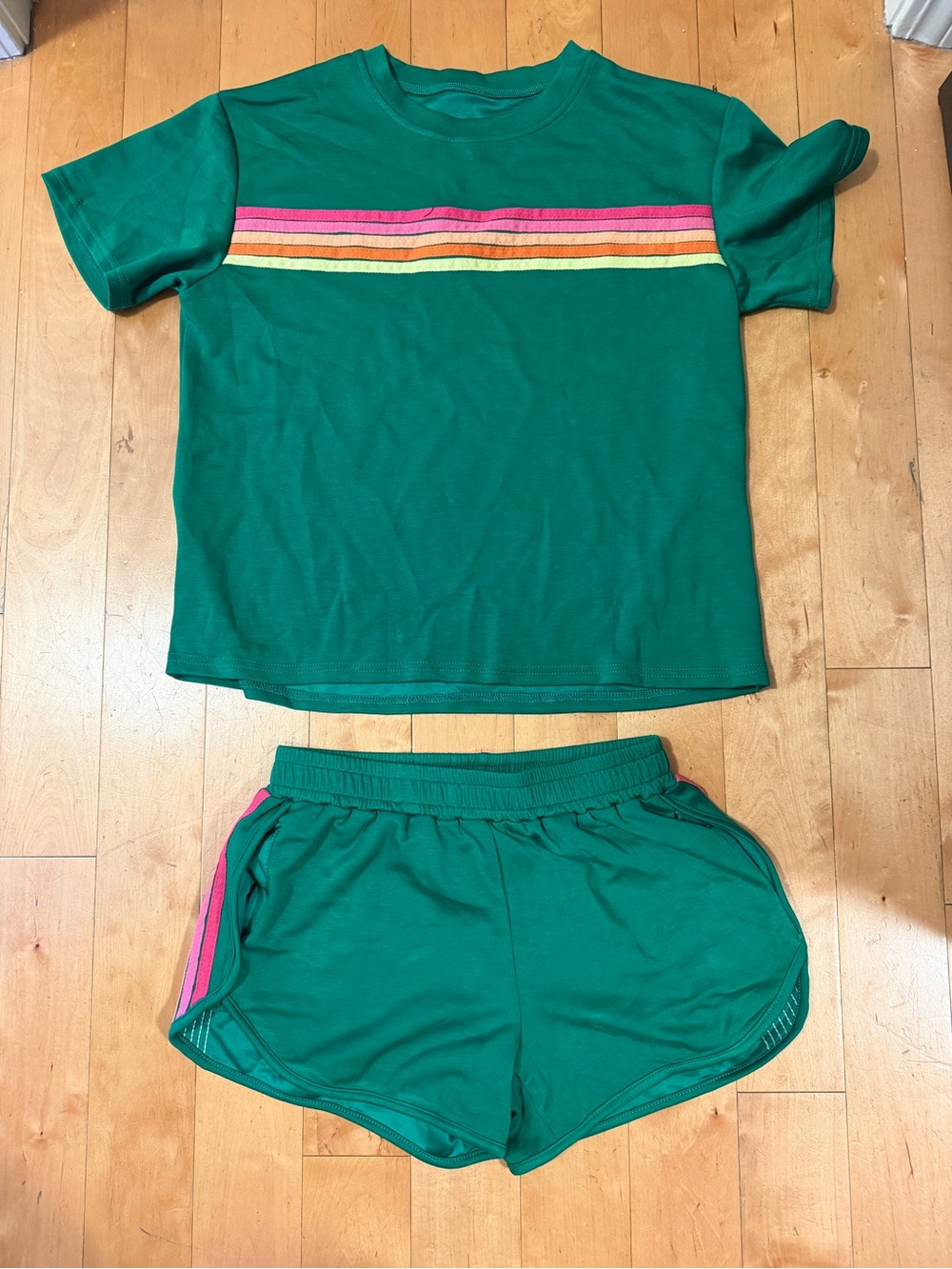 Women’s Green T-Shirt & Shorts Set with Pink and Yellow Stripes